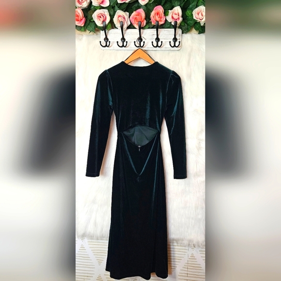 Petal & Pup Lisse Twist Front Long Sleeve Velvet Midi Dress - Emerald - Picture 9 of 15